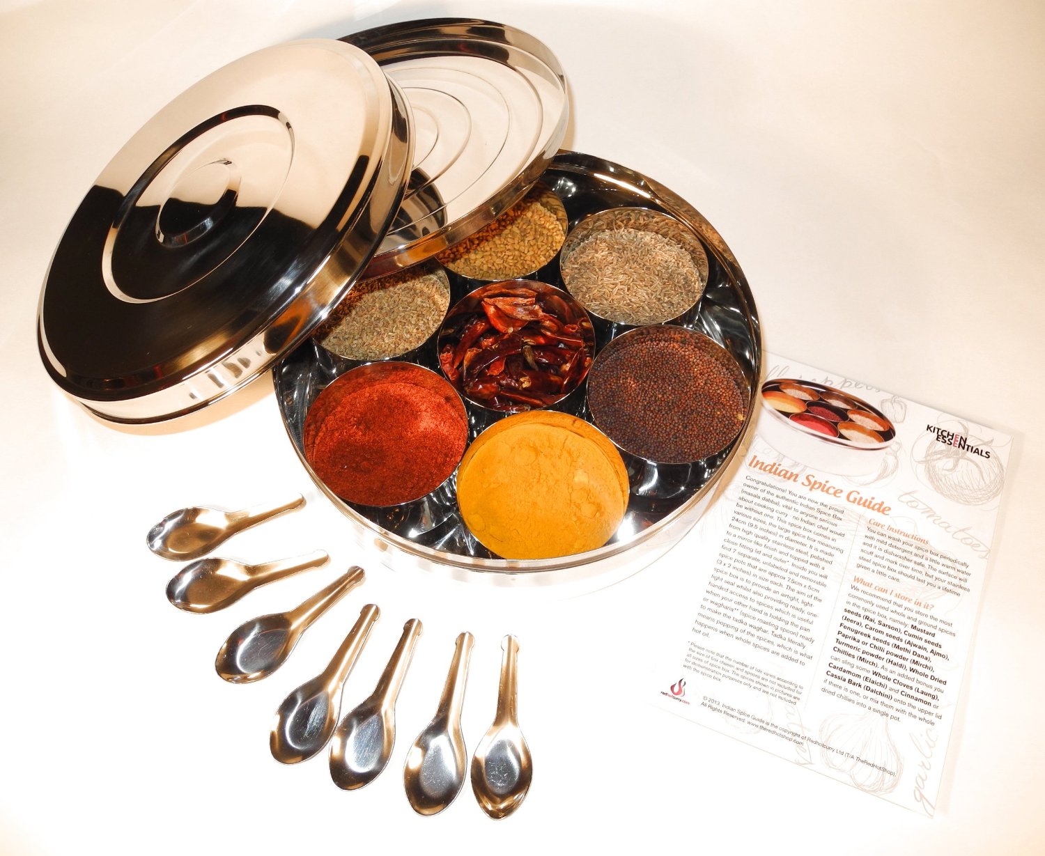 Authentic Indian Spice Box With Spices, Spoons & Spice Guide - Redhotcurry